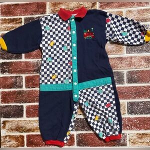90s Vintage Baby Dior color block train coveralls romper 18m primary colors